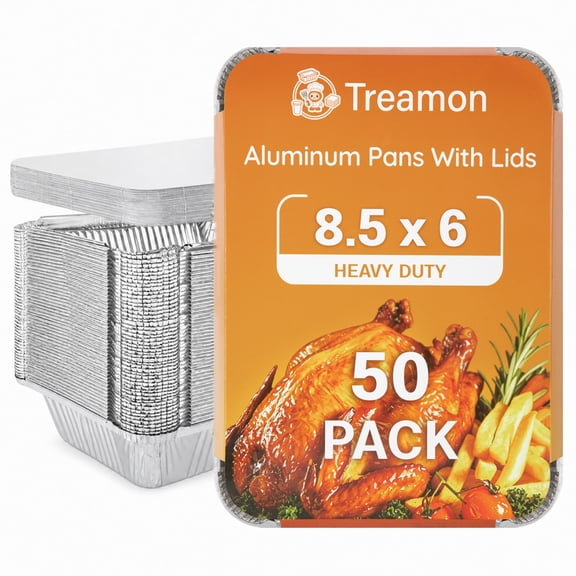 Treamon Aluminum Pans, Disposable Foil Pans with Lids, 8.5" x 6" 50 Count
