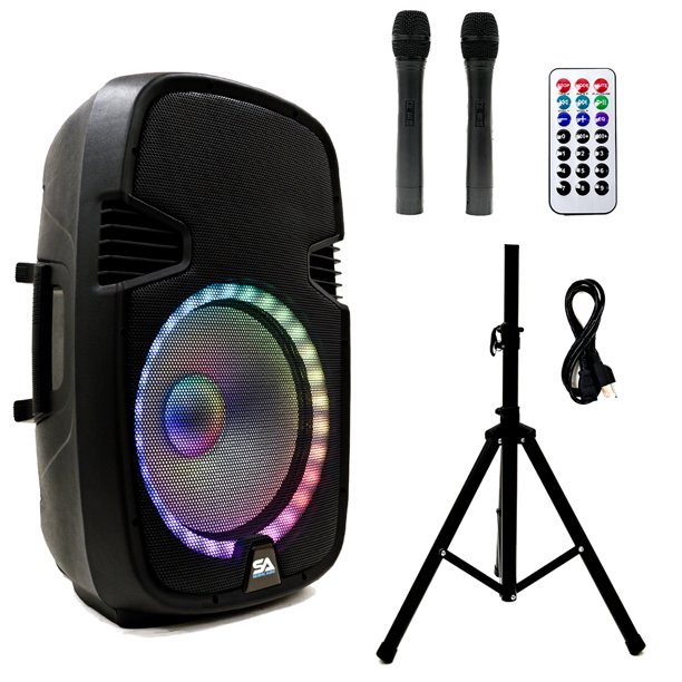 SAKP15BAT Powered 15 Inch DJ Karaoke Speaker with Stand