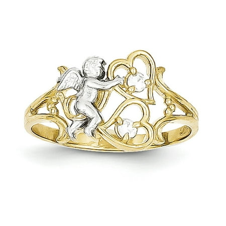 10k Gold Heart Ring - 10k Gold CZ Angel With Hearts Ring
