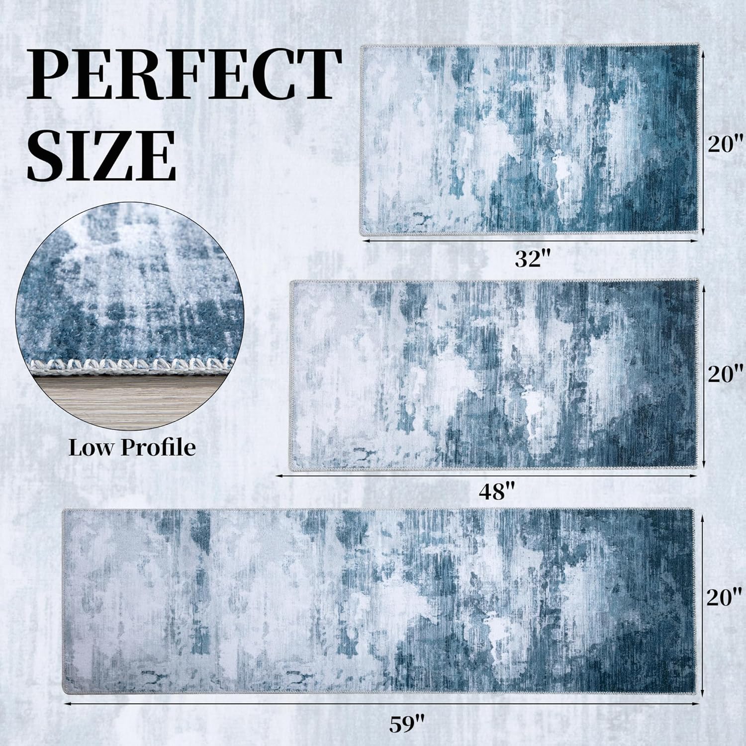 Washable Non Slip Kitchen Rugs Set of 3,Modern Abstract 3 Piece Kitchen Mats for Floor,Absorbent Carpet for Kitchen,Soft Low Pile Kitchen Runner Rug for Sink,Laundry,Washroom,Dark Blue