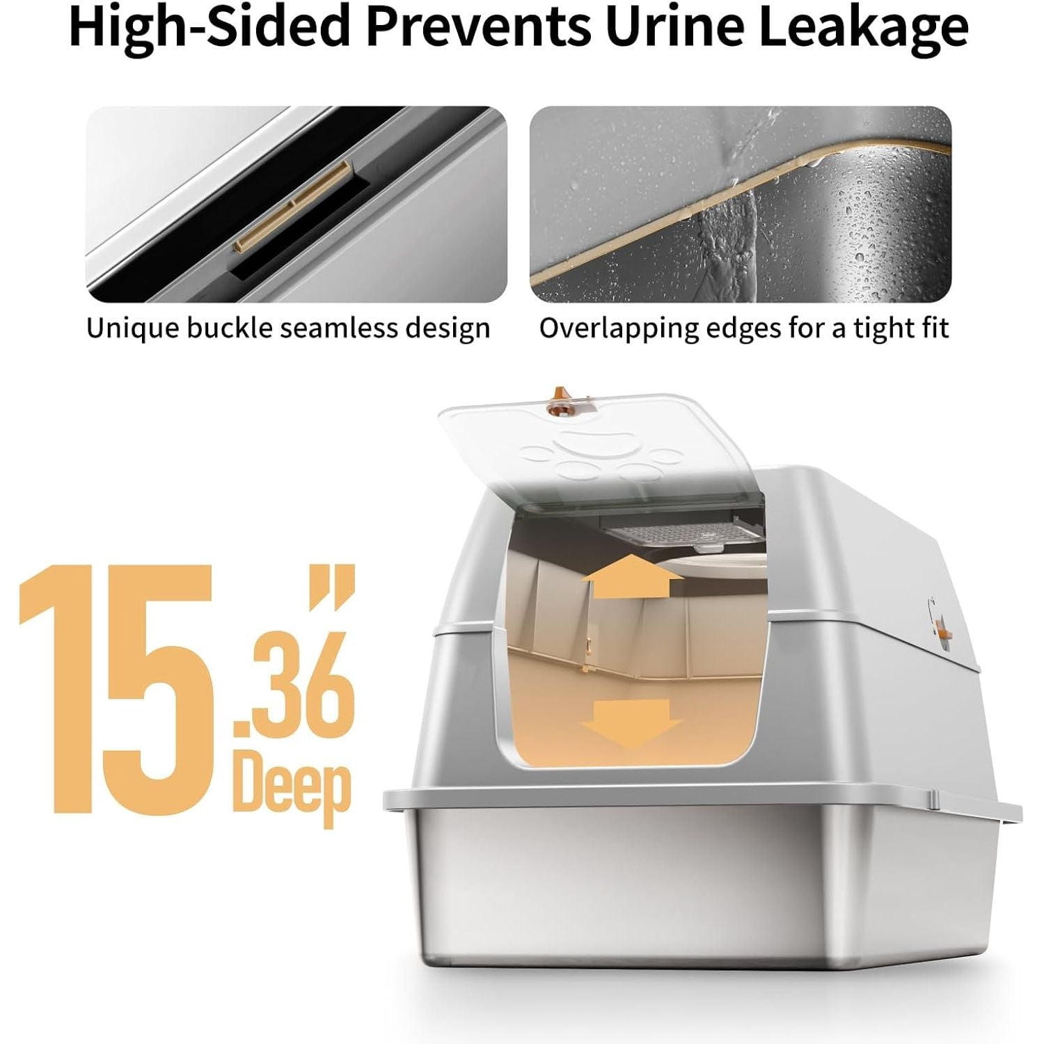 Stainless Steel Cat Litter Box with Lid, XL Large Enclosed High Sided Litter Box with Removable Lid, Carbon Filters -Odor Free, Easy Cleaning, Anti-Urine Leakage for Big Cats/Multiples-Grey