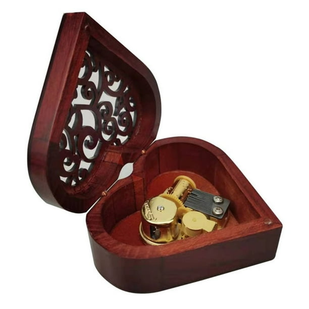 Caja de Música de Cuerda con Mecanismo Vintage de Madera Tallada en Forma de Corazón. Regalo Musical para Tu Pareja, Novia, Esposa o para el Día de la Madre.