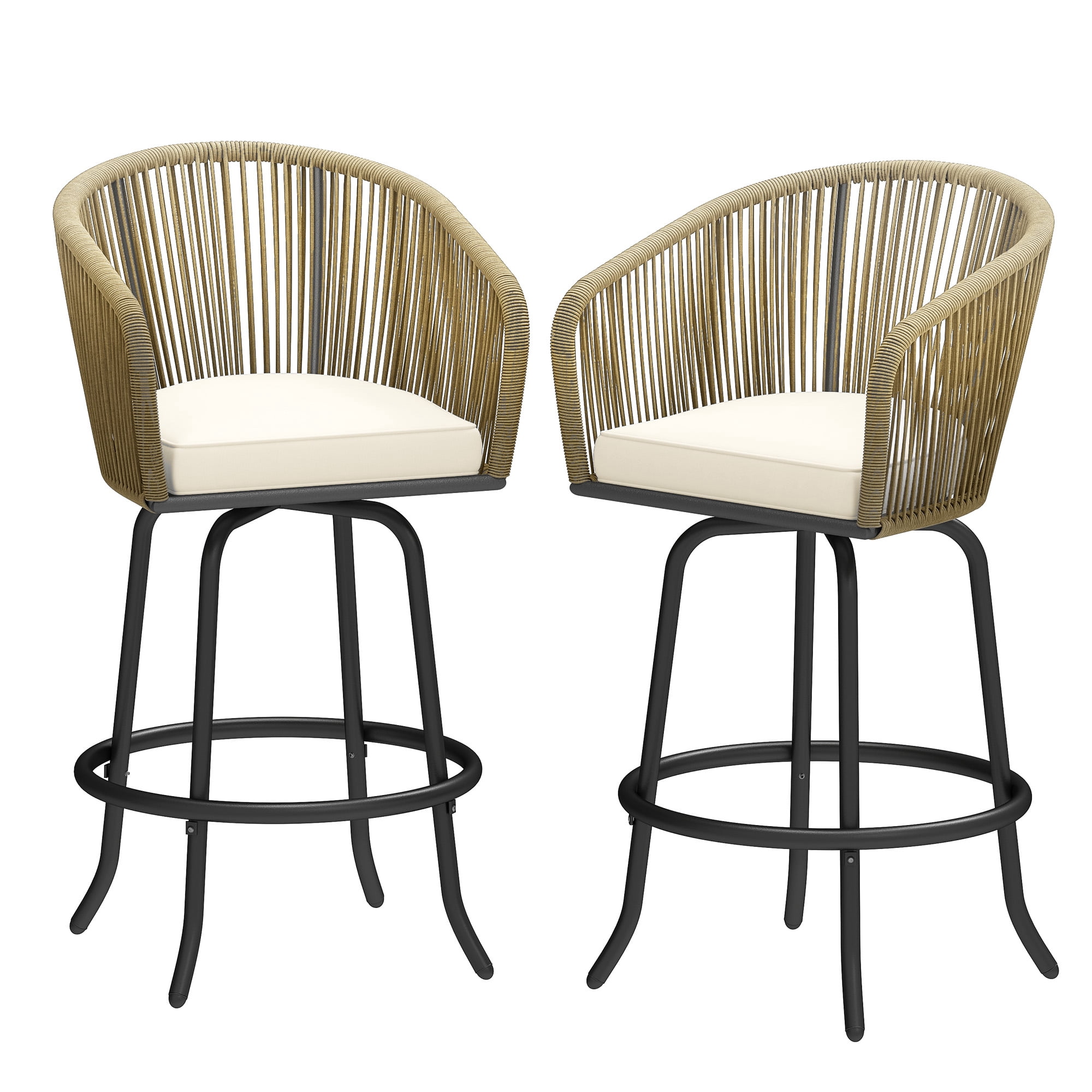 Uforic Set of 2 Beige 360° Swivel Outdoor Bar Stools, Woven Patio Chairs with Cushions & Footrests