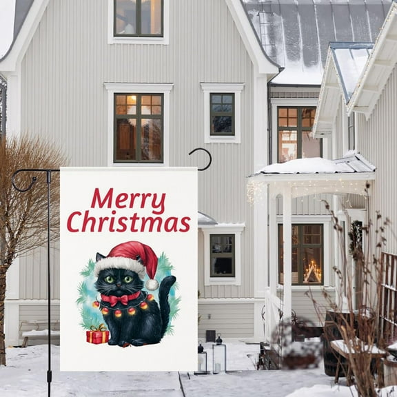 Mizhona Merry Christmas Garden Flag Funny Black Cat Double Sided for Outside Winter Yard Flags Welcome Decoration 12"X18"