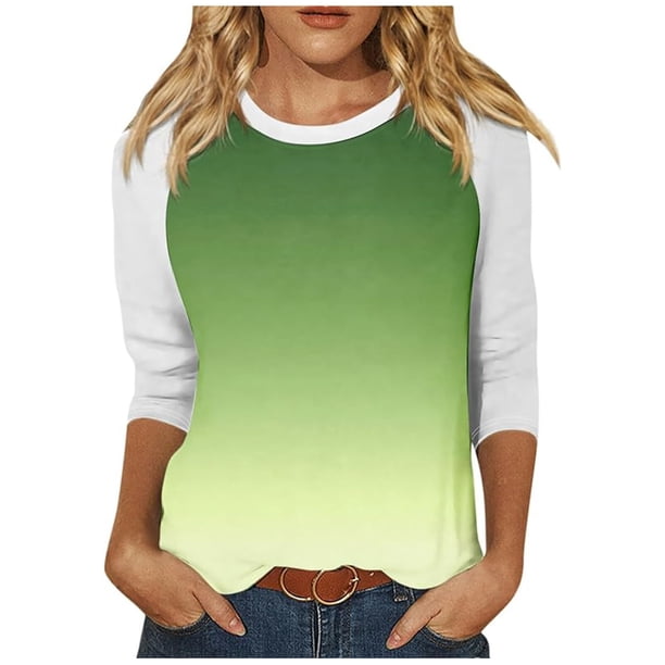 Camisas de Manga Corta para las Mujeres, 3/4 Manga Color Sólido Gradiente Impreso Cuello Redondo Casual Top Hecho de Tejido Súper Suave, Blusas de Manga Corta para las Mujeres