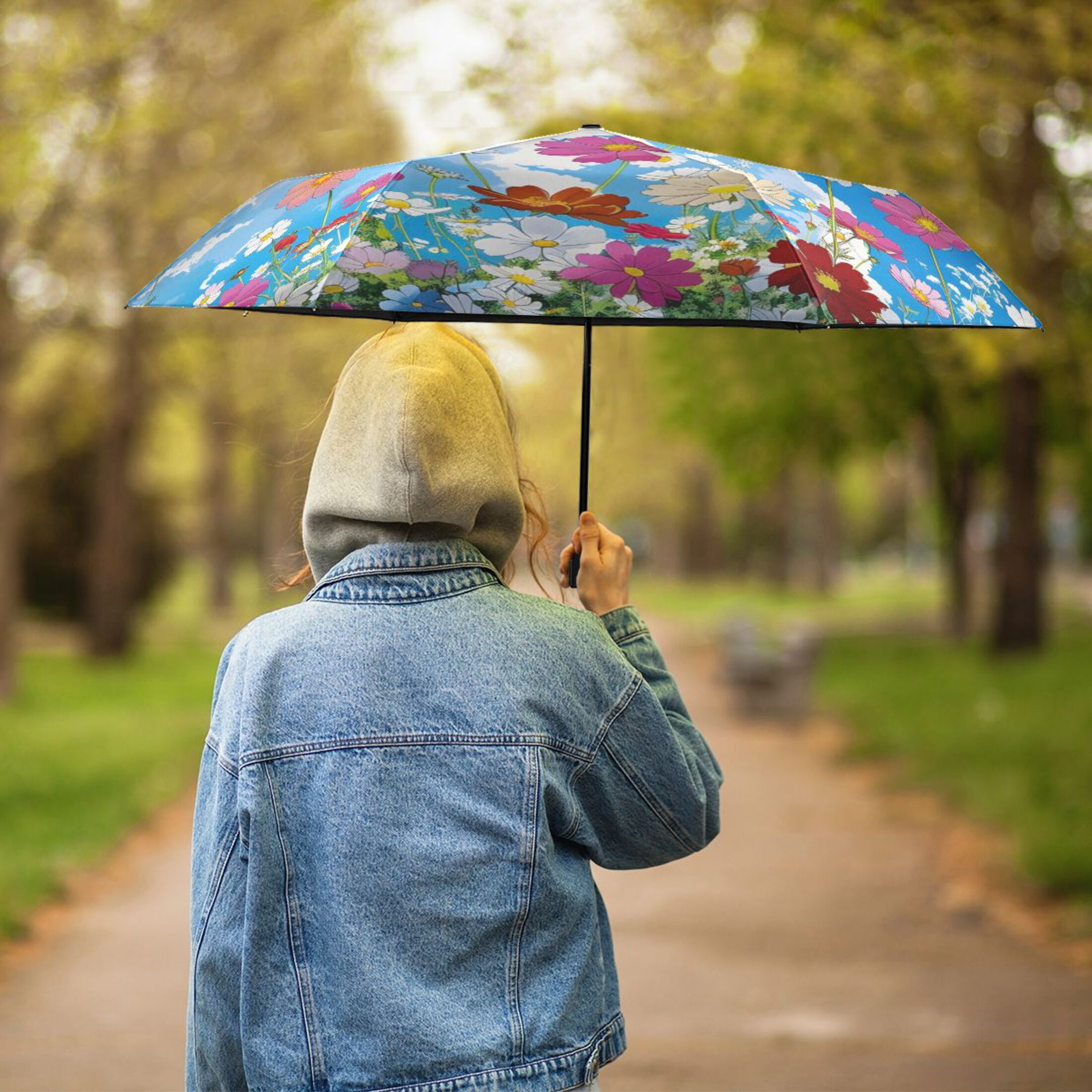 Sky Clouds Flowers All Weather Umbrella Triple Folding Parasol 6 Ribs UV Protection Portable
