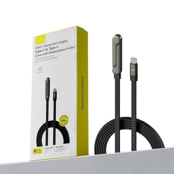 2-in-1 Charging Cable with Phone Stand, 240W Super Fast Charging Cord & Invisible Holder for 15/16/17 & Type-C Phones, 4.9ft Nylon Braided Cable