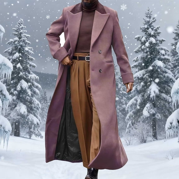 Mens Trench Coat Notched Lapel Double Breasted Full Length Jackets Casual Classic Woolen Overcoat With Pockets (XL, Purple)