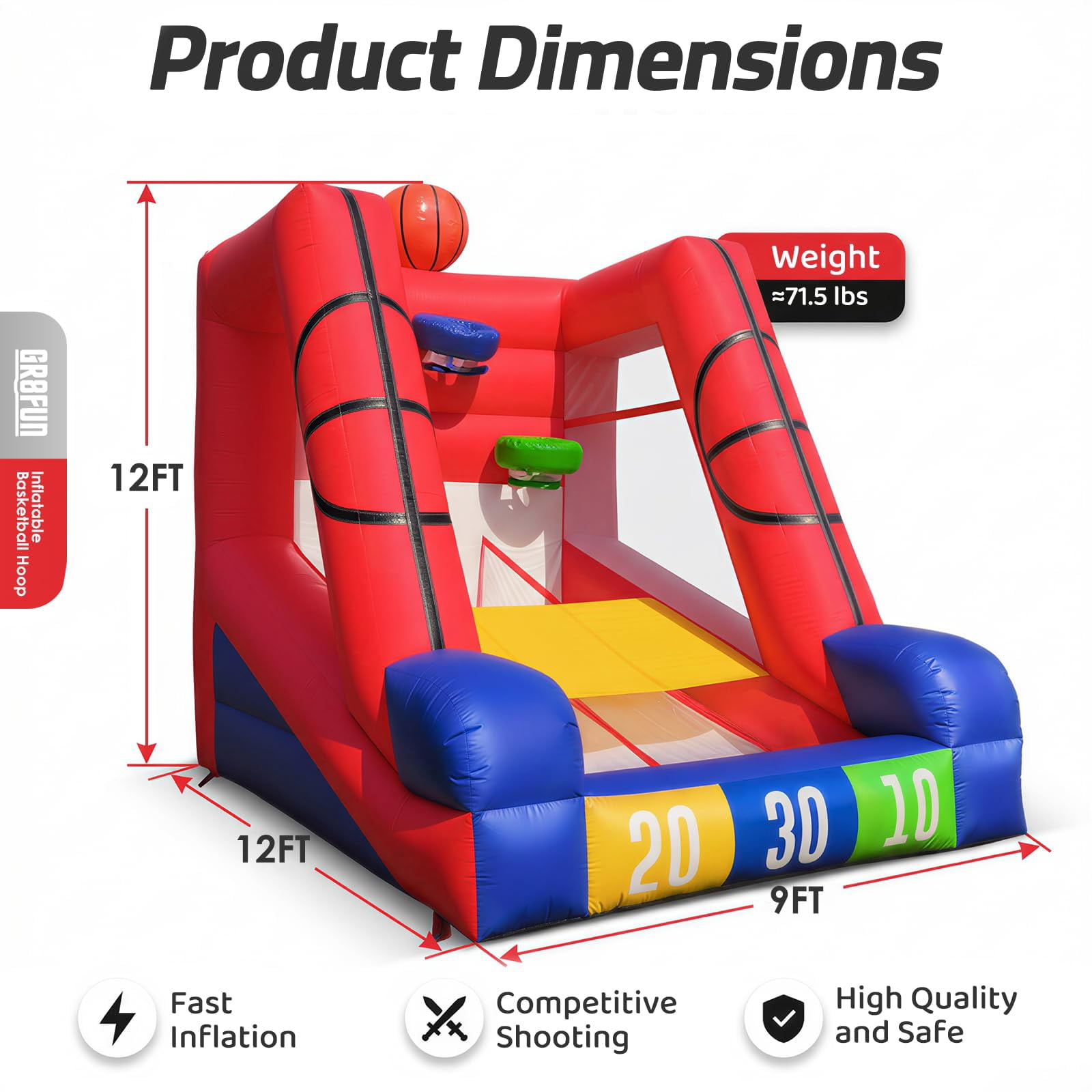 12Ft Inflatable Basketball Challenge Game, Commercial Grade PVC Basketball Game with 3 Balls & Air Blower, Multi-Player Inflatable Carnival Game for Outdoor Fun, Home & Rental Use