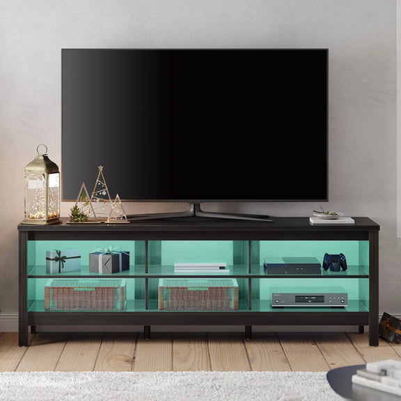 70" Farmhouse Television Stand for 75 inch TV, Wood Entertainment Center with 16 color LED lights for Living Room, Bedroom, Black