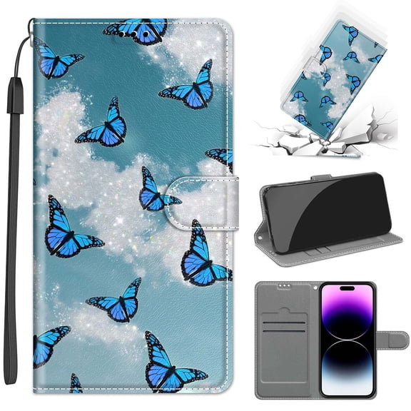 for iPhone 17 Pro Wallet Case, PU Leather Flip Folio Case with Card Holder & Wrist Strap Pattern Slim Magnetic Clasp Kickstand Protective Phone Cover for Men Women, White Cloud   Blue Butterfly