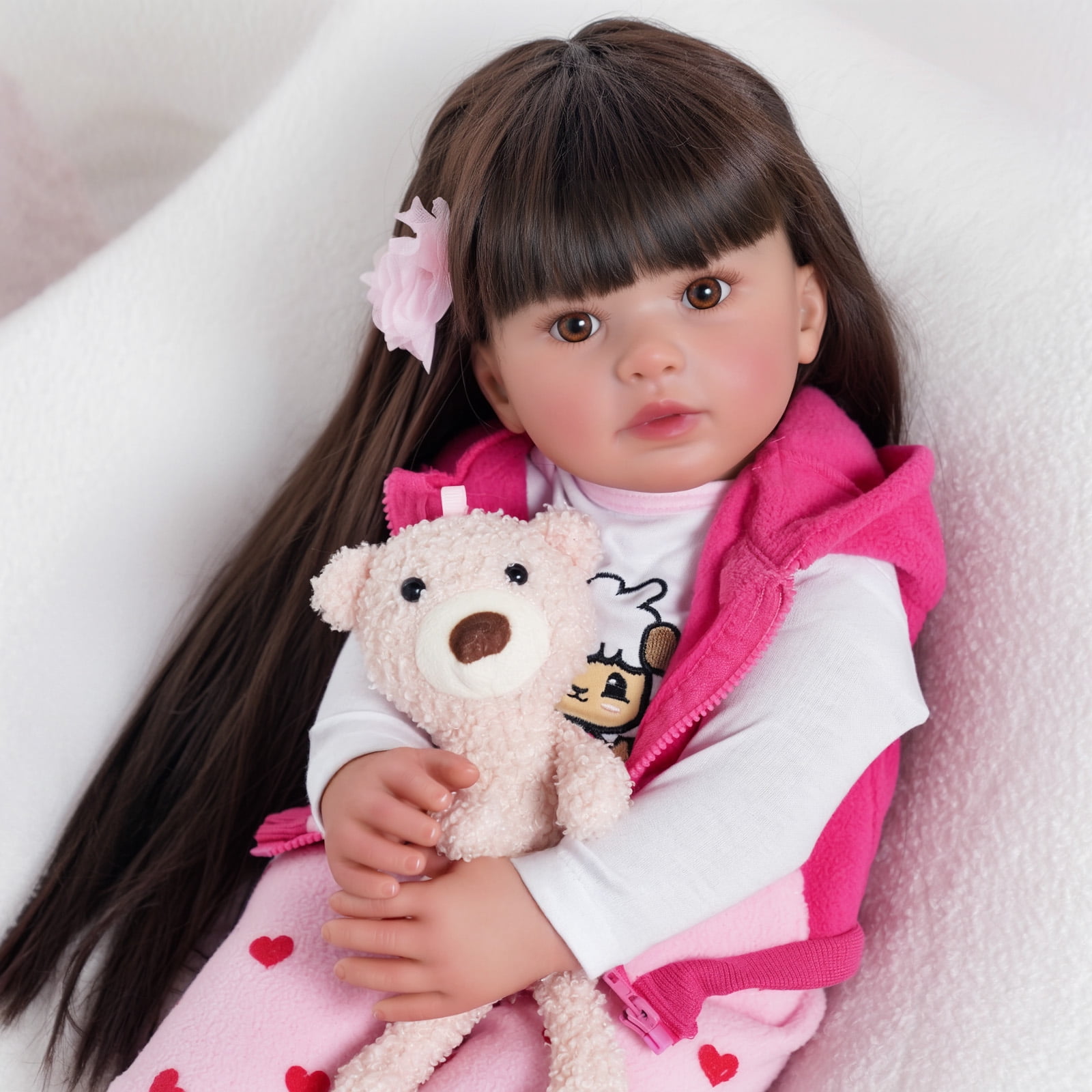 RSG Lifelike Reborn Baby Dolls Candy - 22 Inch Baby Doll Long Black Hair Girl Handmade Real Life Dolls with Clothes and Toy Accessories Gift for Kids Age 3+
