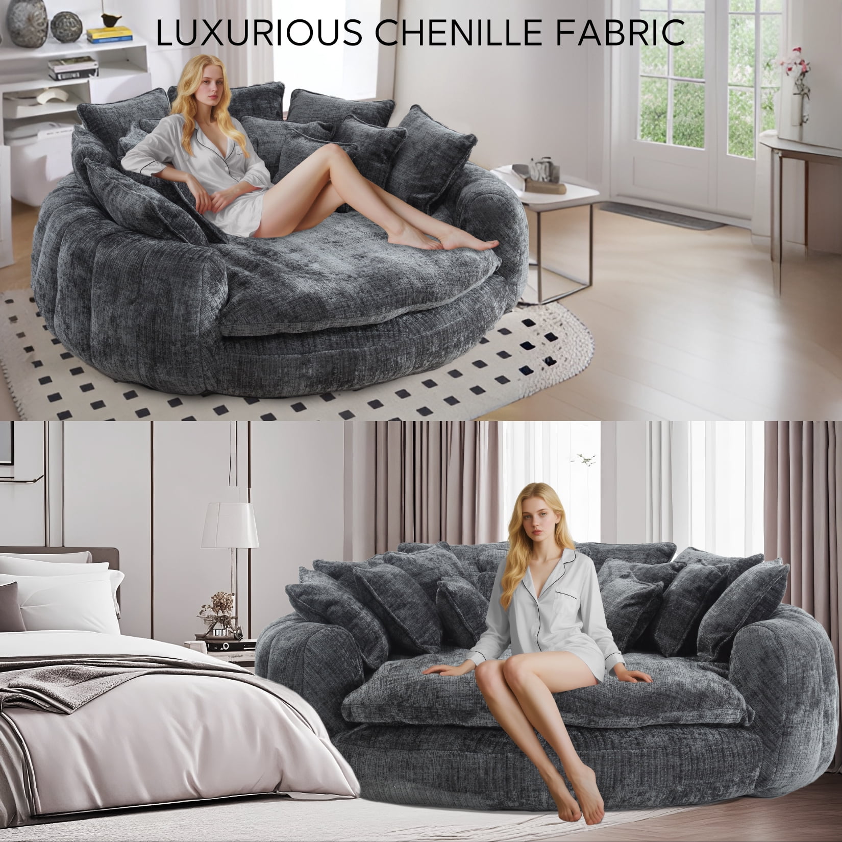 81'' Large Bean Bag Chair for Adults, Memory Foam Oversized Beanbag Chairs Couch with 14 Pillow, Comfy Giant Bean Bag Sofa Couch Bed, Chaise Lounge Chair Indoor Lazy Sofa for Living Room (Dark Grey)