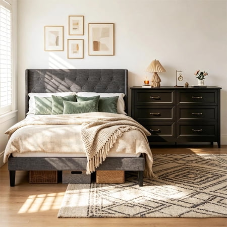 Lofka 2-Piece Bedroom Furniture Set, Dark Gray Upholstered Queen Bed Frame & Black 6 Drawer Dresser, Storage Organizer for Bedroom, Small Space