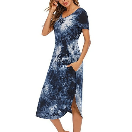 

BeeYaSo Women V-Neck Short Sleeve Summer Dresses for Women Nightdress Long Pajamas Casual Loose Female Dresses Blue XL