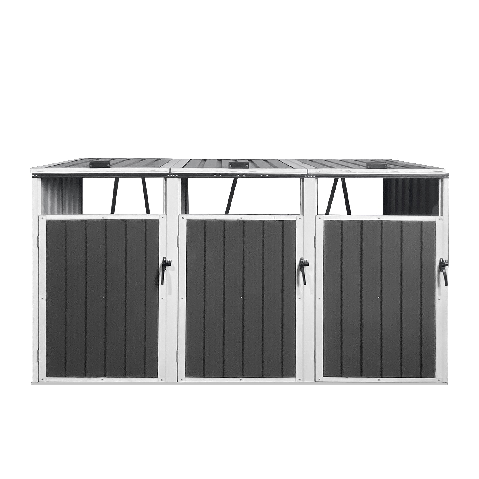 Aukfa 7.3' W Outdoor Garbage Bin Storage, Metal Storage Shed for 3 Trash Cans Tools, Waterproof Trash Can Storage, Gray
