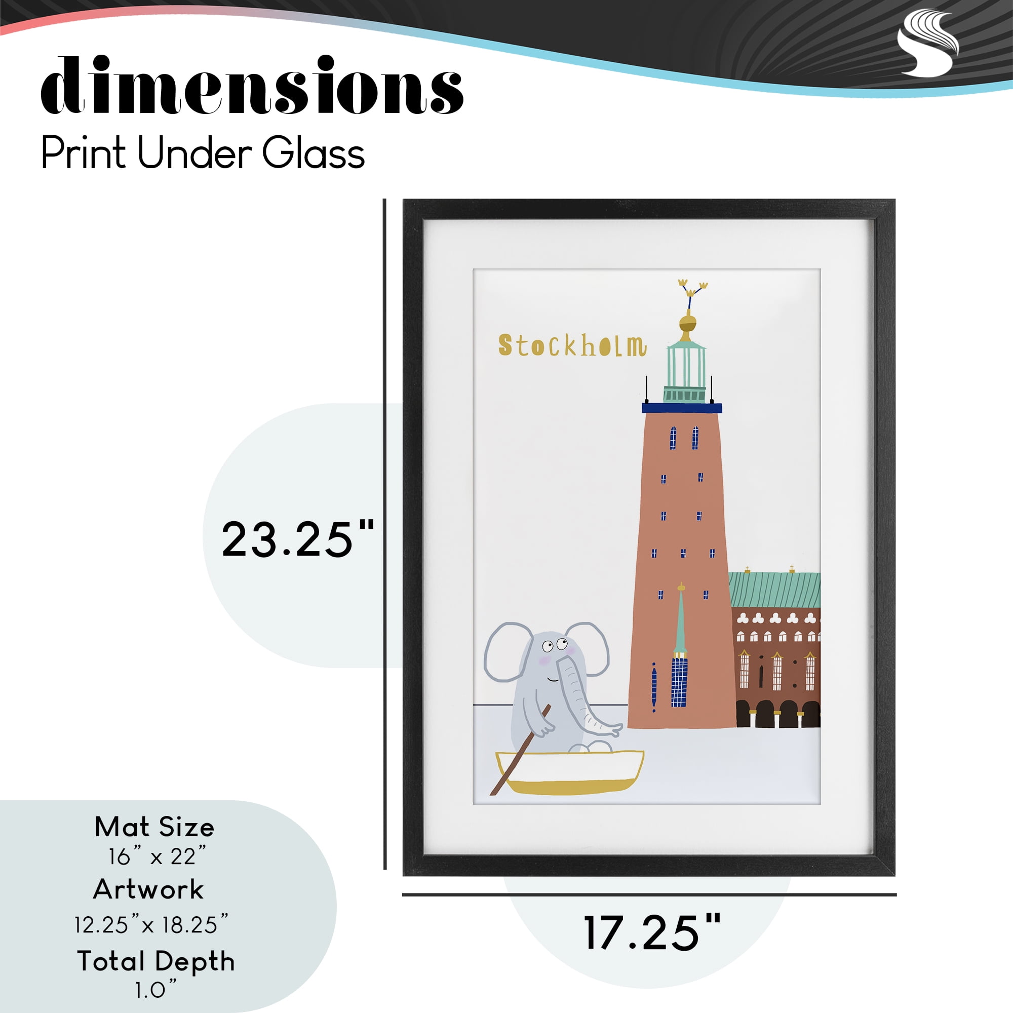 Elephant in Stockholm Boat Black Framed Print Under Glass, design by Carla Daly