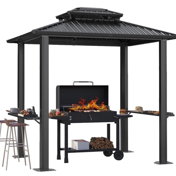 COBIZI 6'x8' Hardtop Grill Gazebo with Vented Double Roof, Galvanized Steel Sun & Rain Shelter, Rust-Resistant Aluminum BBQ Gazebo for Outdoor Cooking, Patio, Backyard (Black)