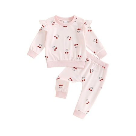 

ELF Baby Girl Fall Outfit Cherry Print Round Neck Long Sleeve Tops Elastic Waist Pants 2 Piece Set