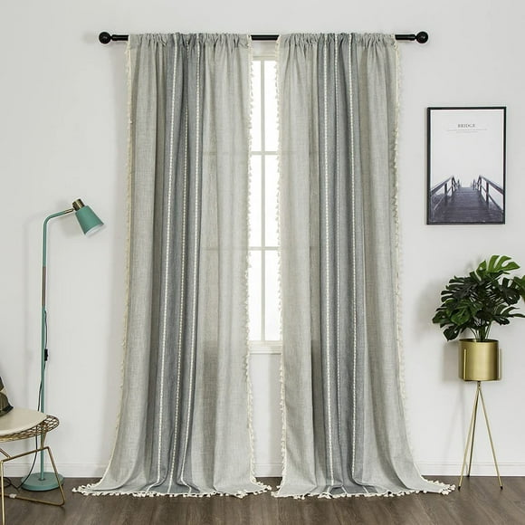Innerwin Drapes Rod Pocket Curtains Treatments Boho Long Window Curtain Panel Bohemian Vintage Light Filtering Tassels Home Decor 2#Gray W:54"x H:84"/  137cm*214cm