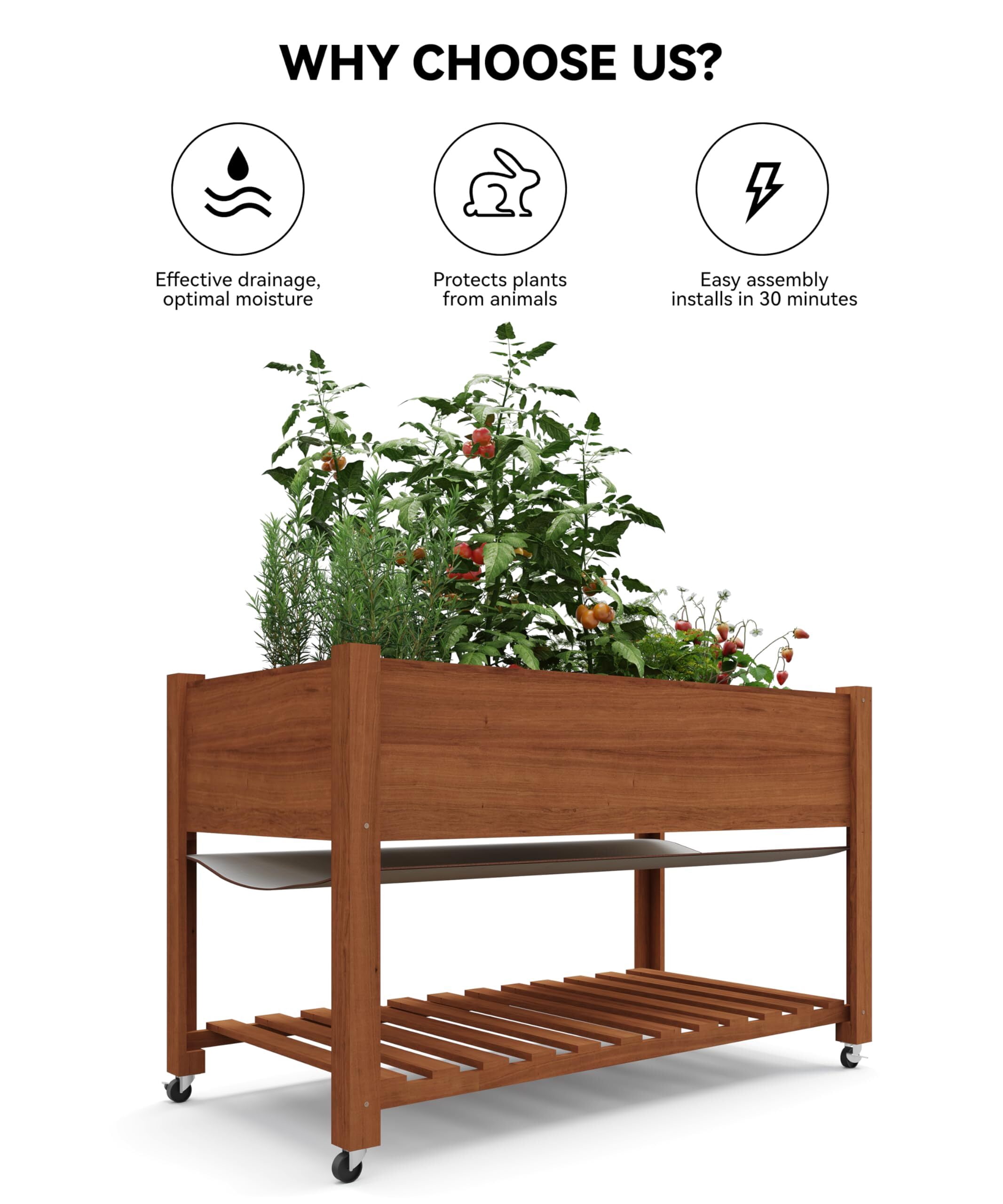 RIEDHOFF Raised Garden Bed Elevated with Wheels 48x24x30in Cedar Wood Acorn Brown