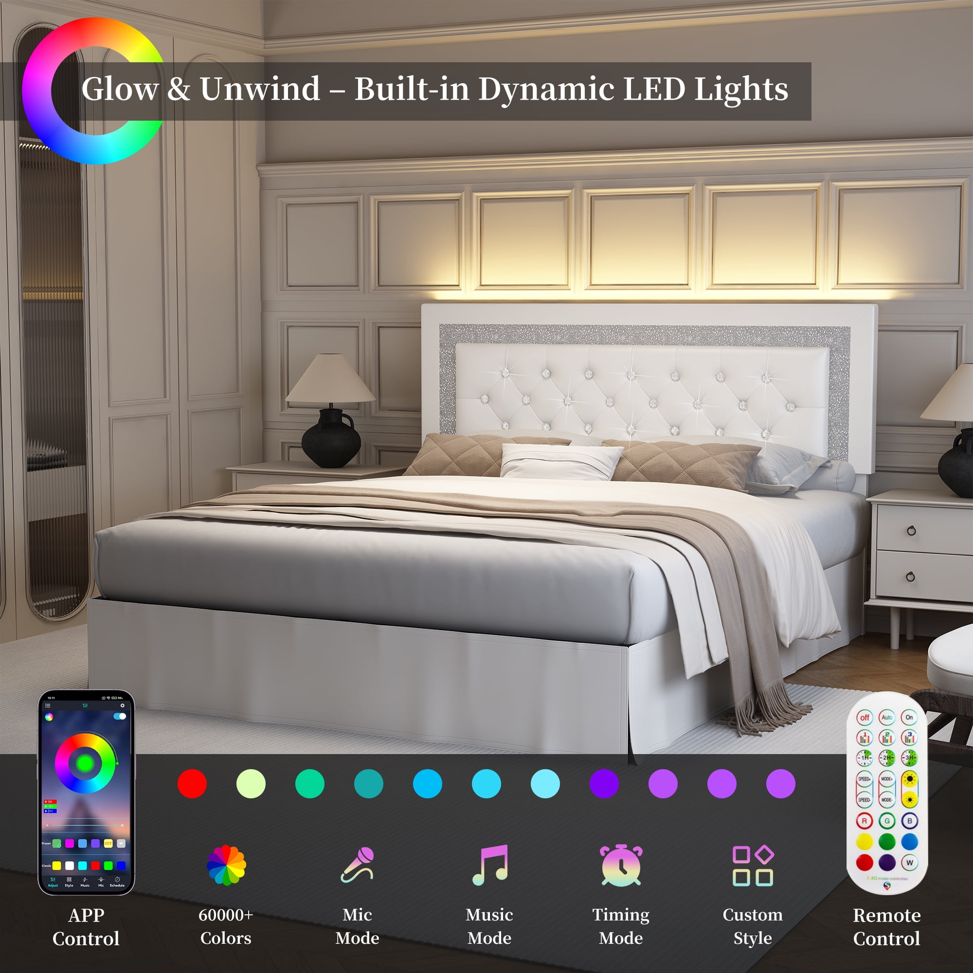 SIBEDS Full Upholstered Bed Frame with Adjustable Headboard and LED Lights, White PU Tufted Diamond Button, No Box Spring Needed, Noise Free