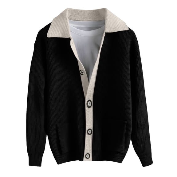VNKIDY Men's Sweater Coat Autumn Winter Oversized Solid Color Contrast Collar Ribbed Knit Cardigan Long Sleeve Button Front Coat With Patch Pockets For Cold Weather Daily Wear Stylish Knitwear