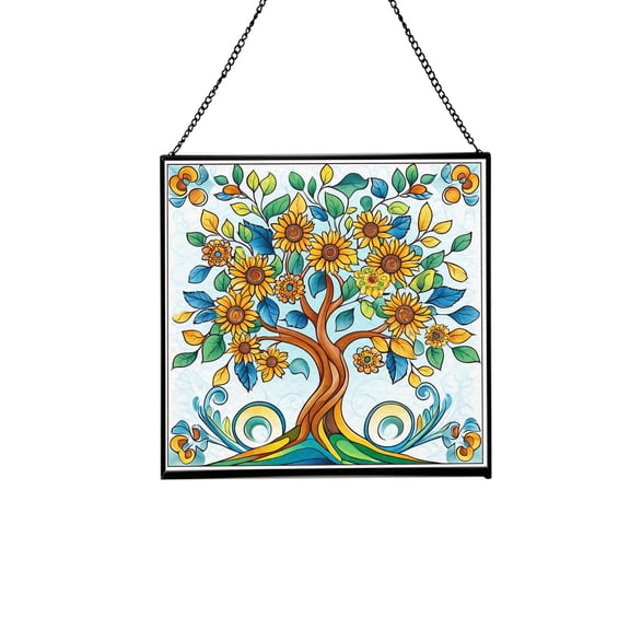 Tiffany Style Tree of Life Square Stained Glass Suncatcher – Handmade Hanging Window Panel for, Home, Garden, and Office Decor 52CA18