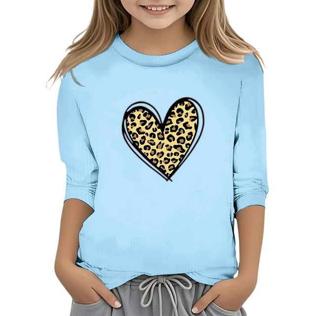 LUOGENLI T-Shirt pour Filles T-Shirt de la Saint-Valentin pour Filles Imprimé Mode Col Rond Fonctionnel Manches 3/4 T-Shirt Décontracté Haut T-Shirts pour Filles Travail Tendance Bleu Clair 13-14 Ans