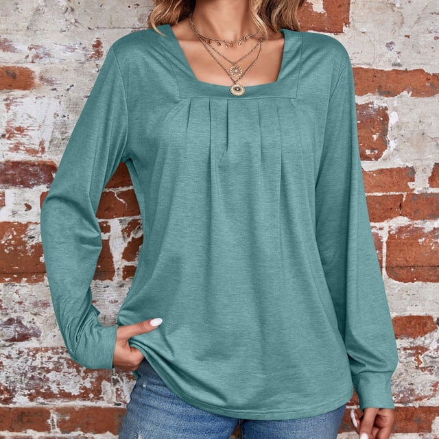 aidice Womens Shirts Square Neck Long Sleeve Ruched Loose Blouses Casual Comfy Solid Color Pullover Tops