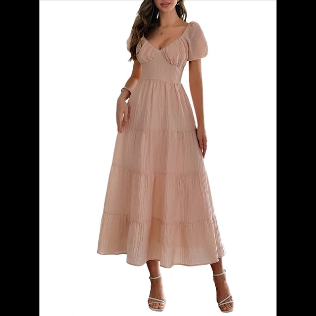 Vestido Midi Informal de Verano para Mujer, con Mangas , Escote en V, Fruncido y Volantes Escalonados. Rosa S
