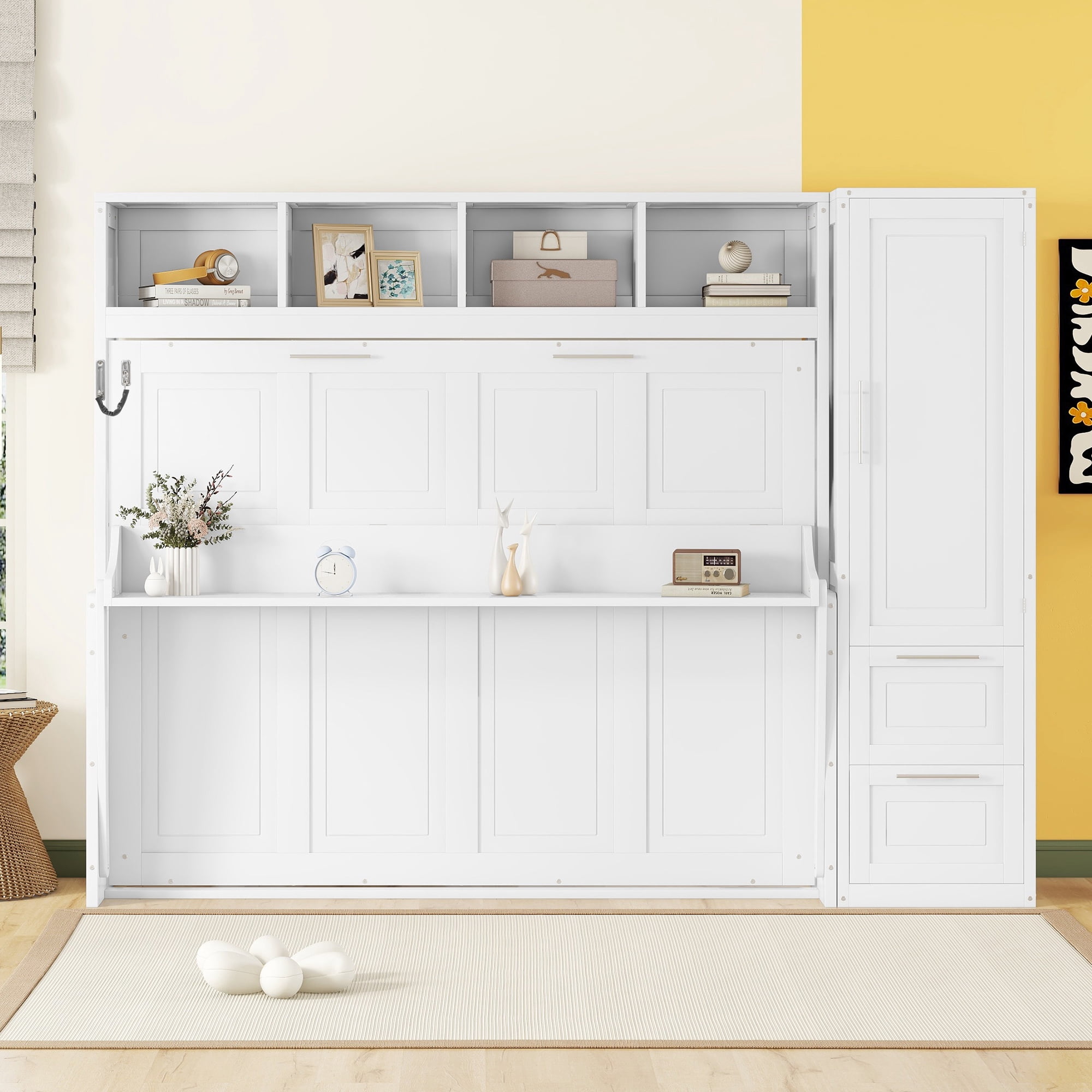 Mintazer Queen Size Murphy Bed with Top Shelf & Wardrobe, Modern Foldable Wall Bed with Drawers for Bedroom Apartment Guest Room, White