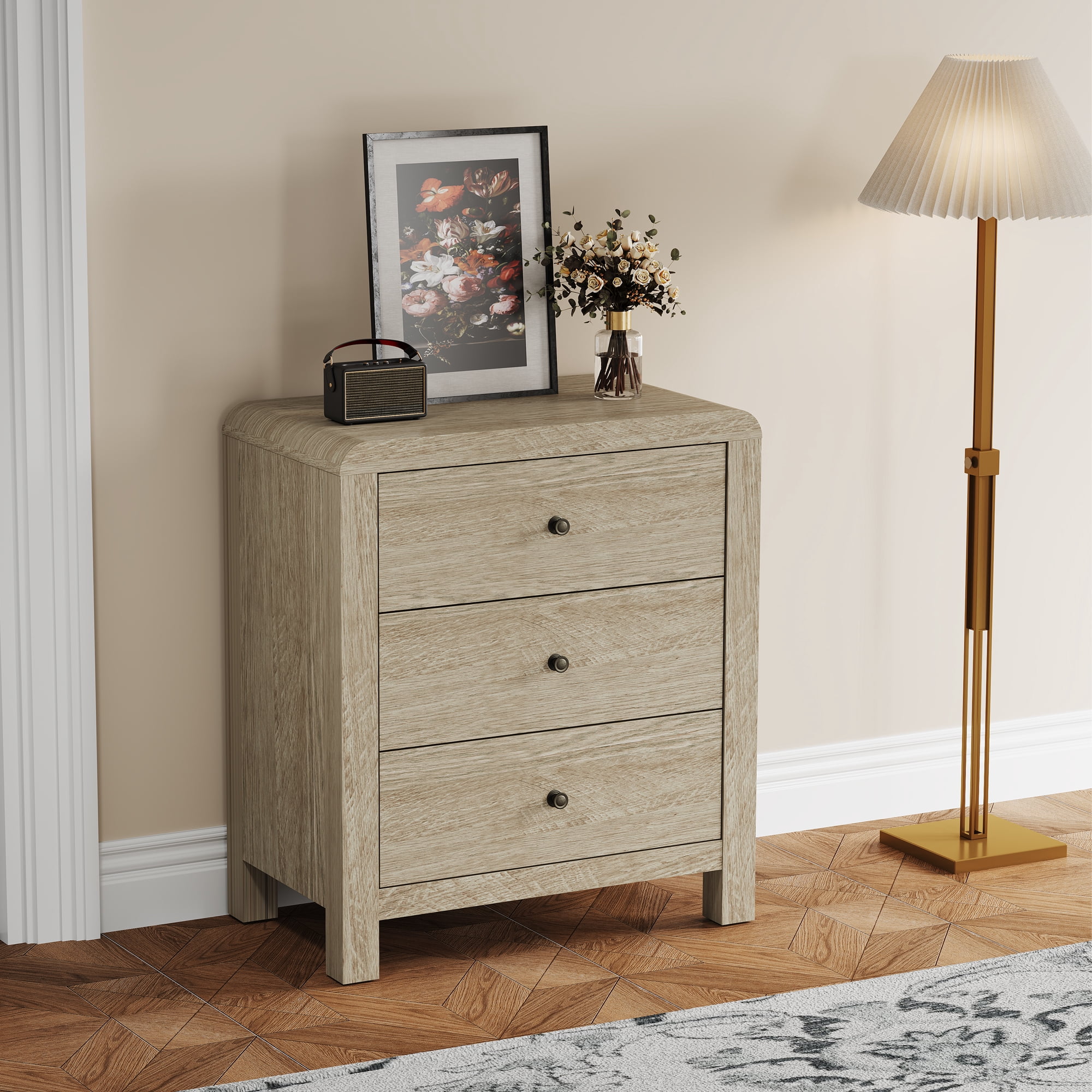 Cozy Home 3 Drawer Dresser Set of 2, Modern Chest of Drawers with Rounded Table Corners, Wooden Closet Dresser Nightstand with Ample Storage Space for Bedroom, Living Room, Entryway, Natural Oak