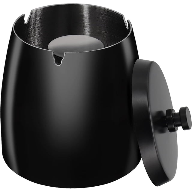 Cenicero de metal de acero inoxidable con tapa (negro grande), metal irrompible para exteriores, hermoso cenicero de acero inoxidable resistente a la intemperie con tapa a prueba de olores, adecuado
