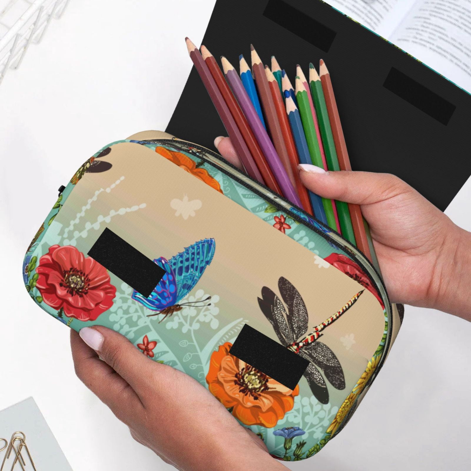 Rateoe Colorful Plants And Insects Pattern Double Clamshell Pen Case, Storage Organizer with Two Zipper Compartments– Holds Up to 50 Pencils & Pens