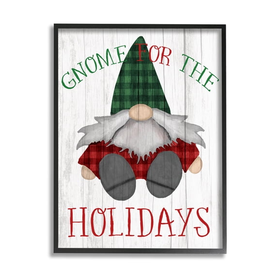Stupell Industries Gnome for the Holidays Festive Garden Elf Plaid Country Painting Black framed Art Print Wall Art, 24 x 30, Design by Daphne Polselli