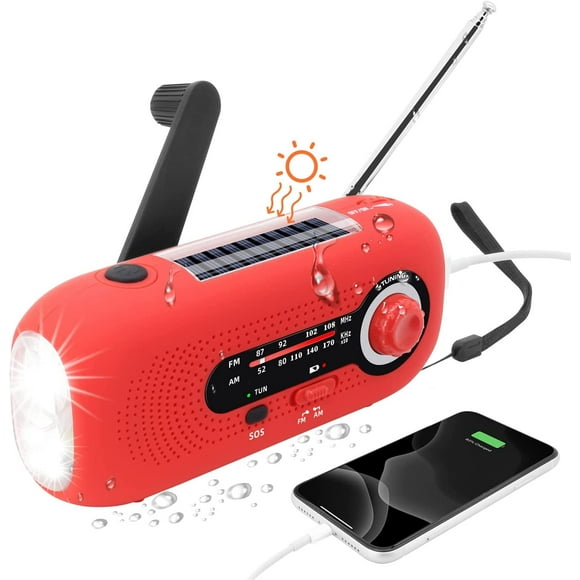 (Red)Solar Portable Radio, Dynamo Radio, Solar Radio with SOS Alarm for Emergencies, Small Radio, IPX3 Waterproof Radio, AM/FM Hand Crank Radio, Flashlight, 2000mAh Battery