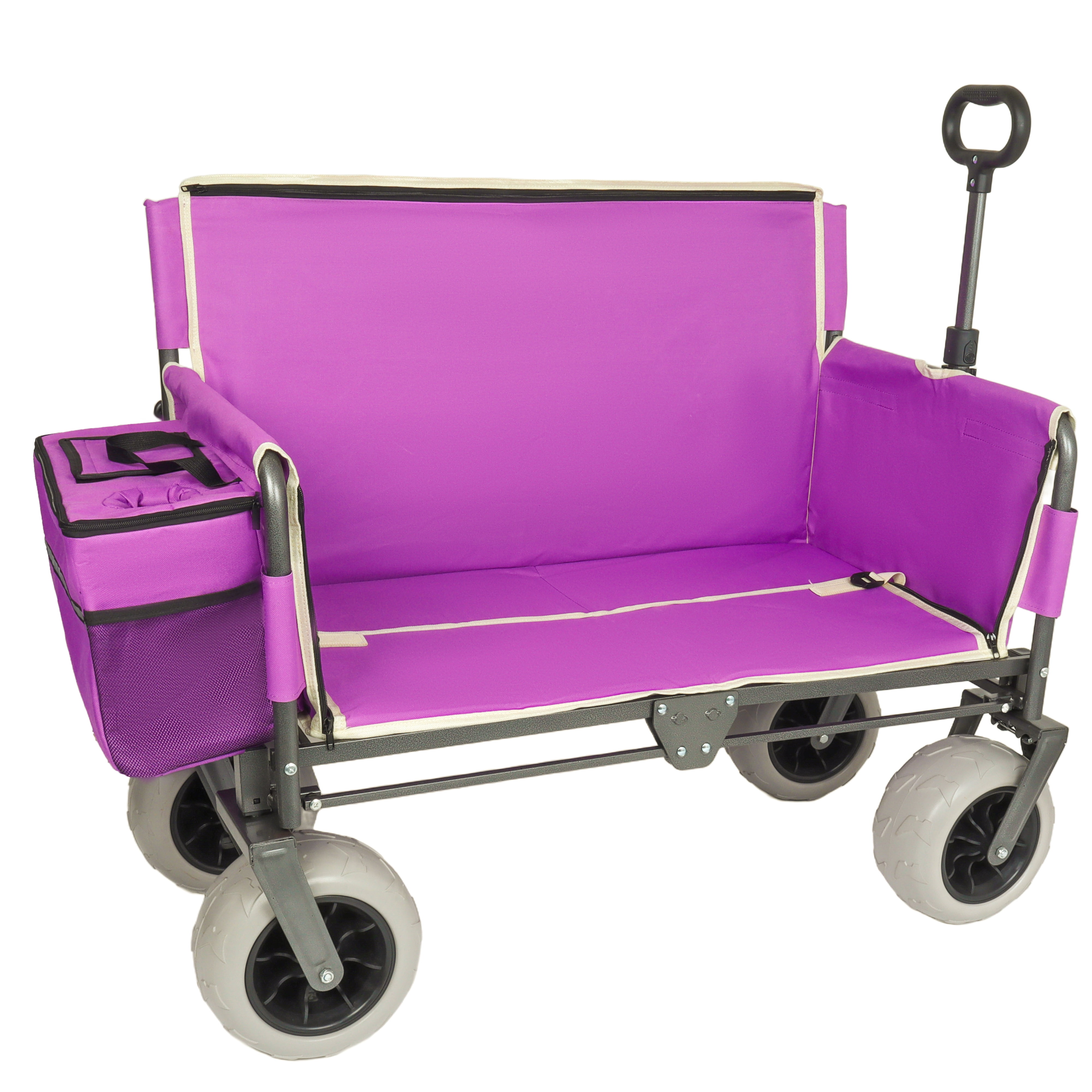 Patented 3‑in‑1 Heavy‑Duty Folding Wagon Cart with Bench Seat & Storage, 500lbs 180L All‑Terrain Utility Wagon with 1 Ice Pack, for Camping Beach Sports Garden Fishing, Purple