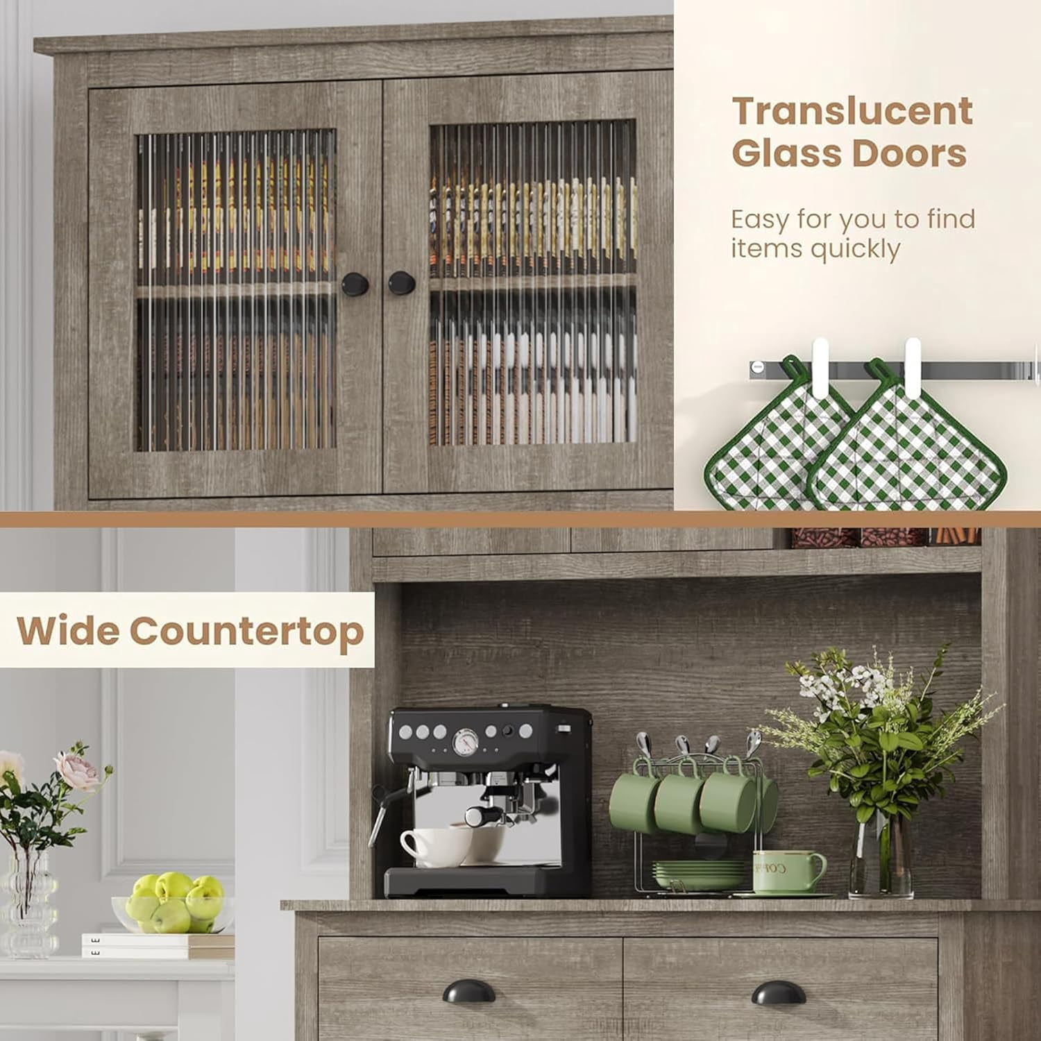 Kitchen Pantry Storage Cabinet, 71" Tall Wood Pantry with Microwave Stand, Modern Kitchen Hutch Cabinet, Coffee Bar Hutch with Wine Rack for Dining Room, Living Room, Grey