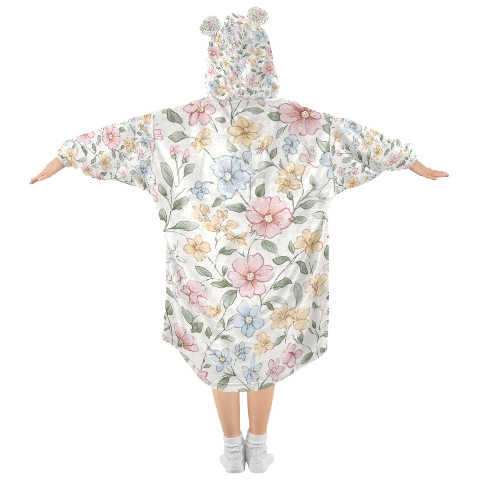 FORMRS Wearable Blanket Hoodie with Sleeves for Kids Cozy Flannel Sweatshirt, Pastel Floral Pattern