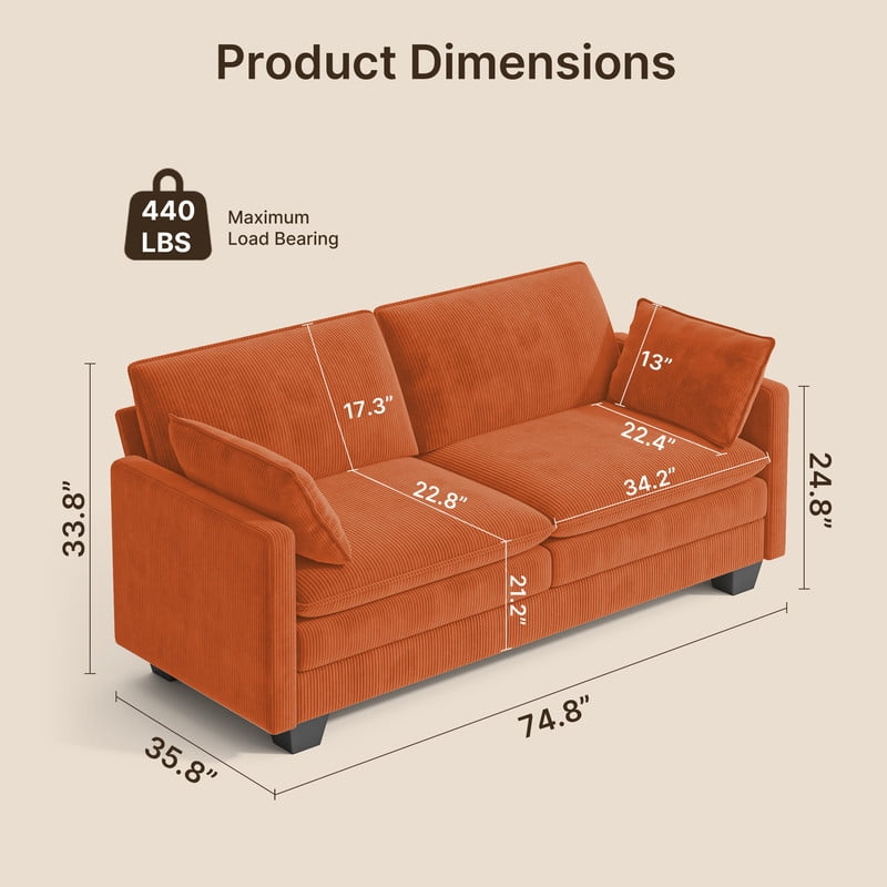 2-Seater Cloud-Like Loveseat Sofa - Double-Layer Upholstered Cushions, Pet-Friendly Corduroy Couch for Bedroom, Living Room & Apartment, Orange