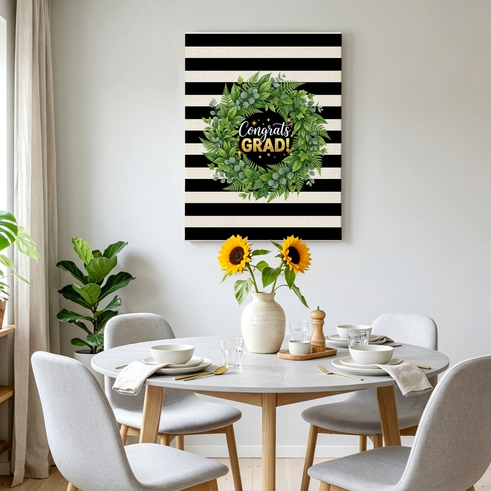 Graduate Season Canvas Wall Art for Living Room, Congrats Grad Bachelor's Cap Leaf Wreath Black Stripes Wall Decor Framed Artwork Pictures Ready to Hang for Bedroom Office Home Decor