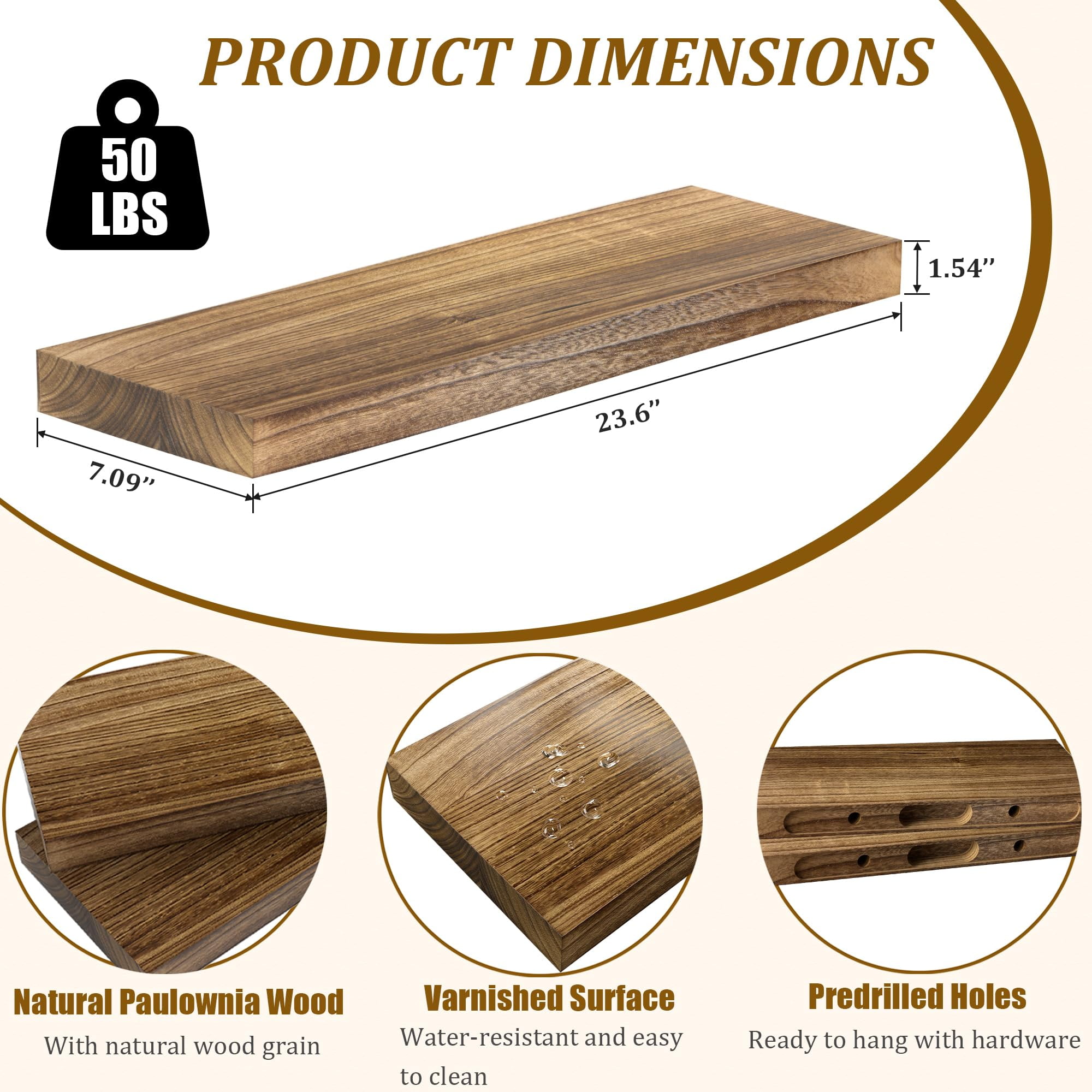 Floating Shelves for Wall Set of 2-Rustic Brown Solid Wood Wall Mounted Shelves,24" Long x 7" Deep x 1.6" Thick,Heavy Duty Shelving for Bedroom, Living Room, Kitchen, Bathroom (16inch)