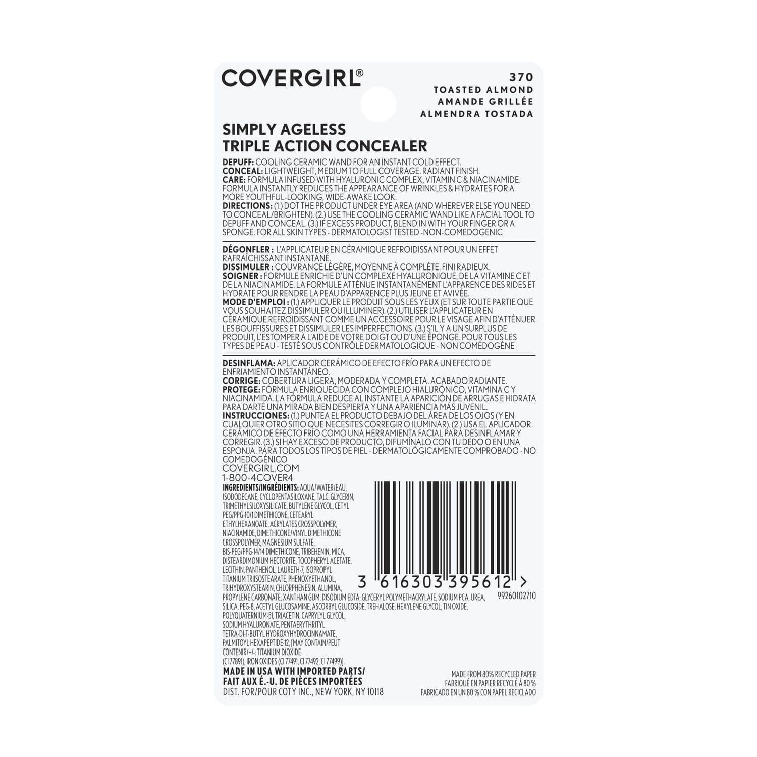 COVERGIRL Simply Ageless Triple Action Concealer Infused with Hyaluronic Complex, Vitamin C & Niacinamide, 7.3ml refreshing concealer