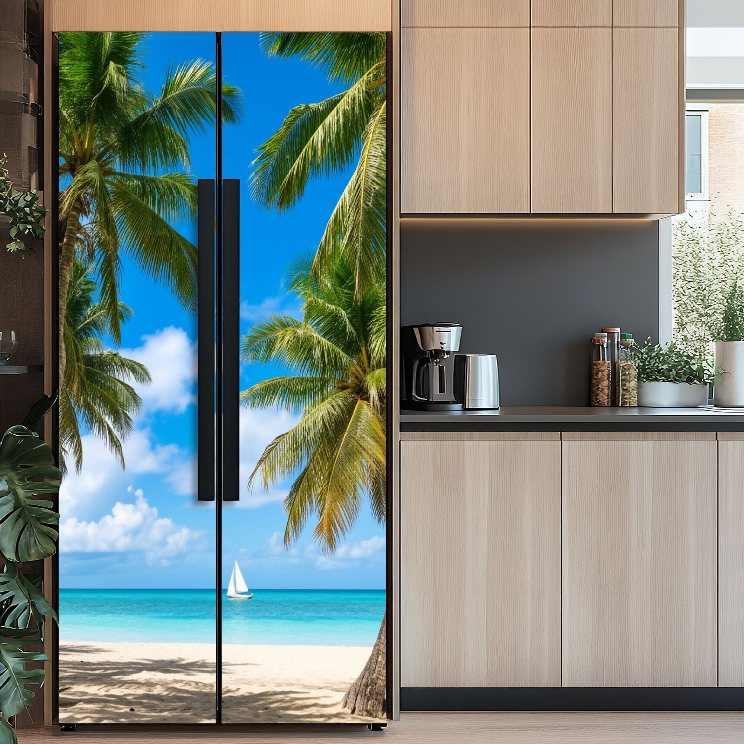 Self Adhesive Vinyl Refrigerator Wrap Set paradise tropical beach palm Door Mural Removable Fridge Sticker Peel and Stick&nbsp;Full Door Cover Decal Kitchen Bar Decor