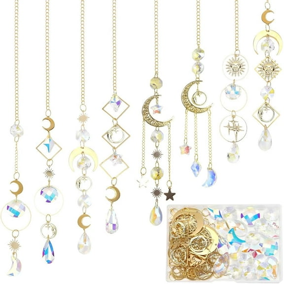 1 Box DIY 8 Sets Sun Catchers Kit Moon Suncatchers Gold Star Crescent Hanging Suncatcher with Rainbow Maker for Windows Indoor Outdoor Home Garden Party Wedding Decor Gifts diy