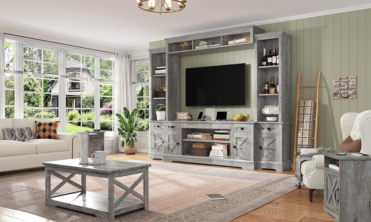VANACC 98" Farmhouse TV Stand, Rustic Entertainment Center with Barn Door & Charging Station, Grey