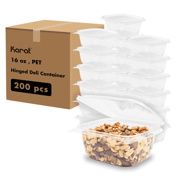 Karat 16oz PET Plastic Hinged Deli Container - 200 ct