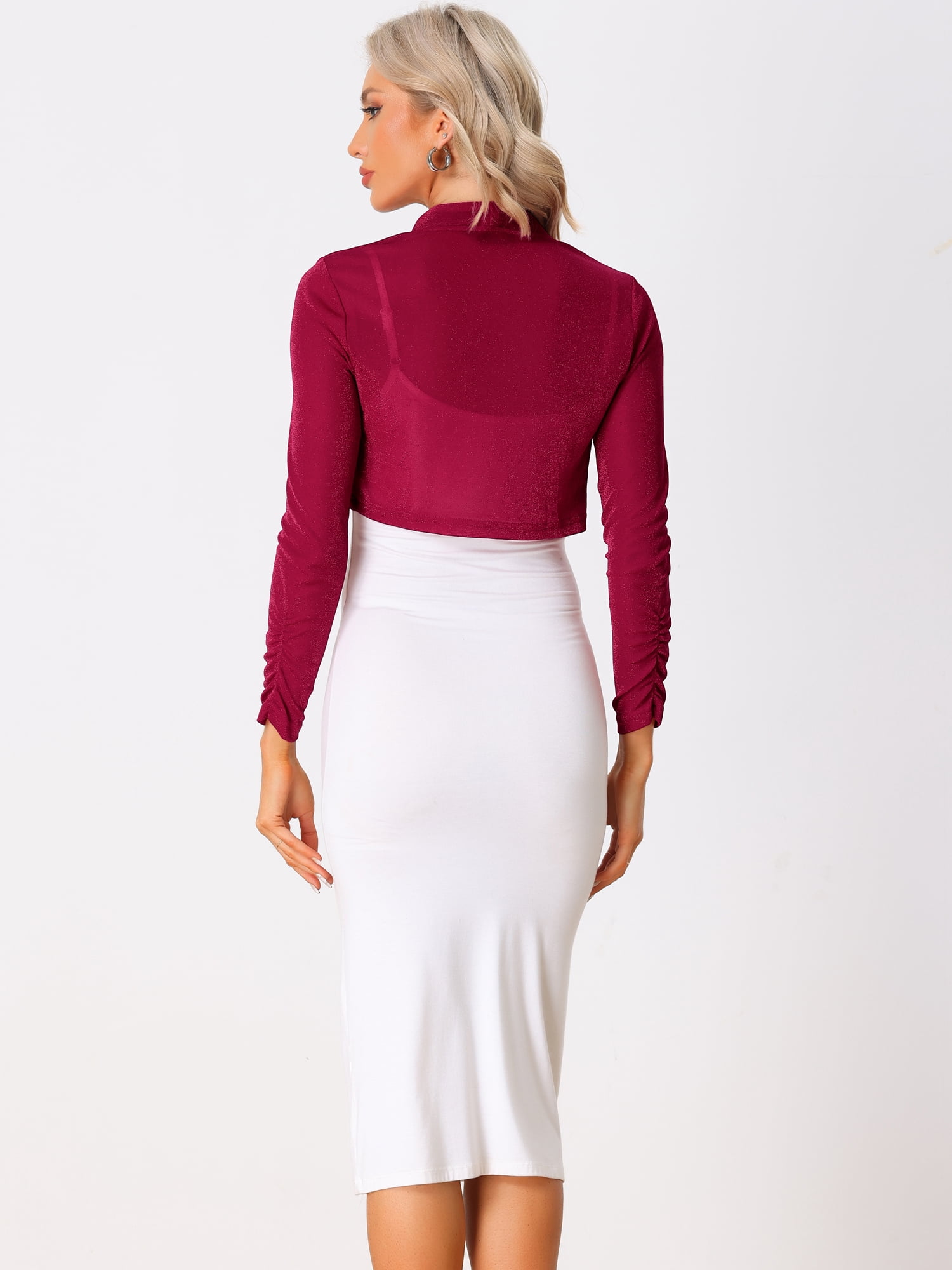 DARING DIVA Open Front Long Sleeves Sheer Bolero Glitter Shrug M Red
