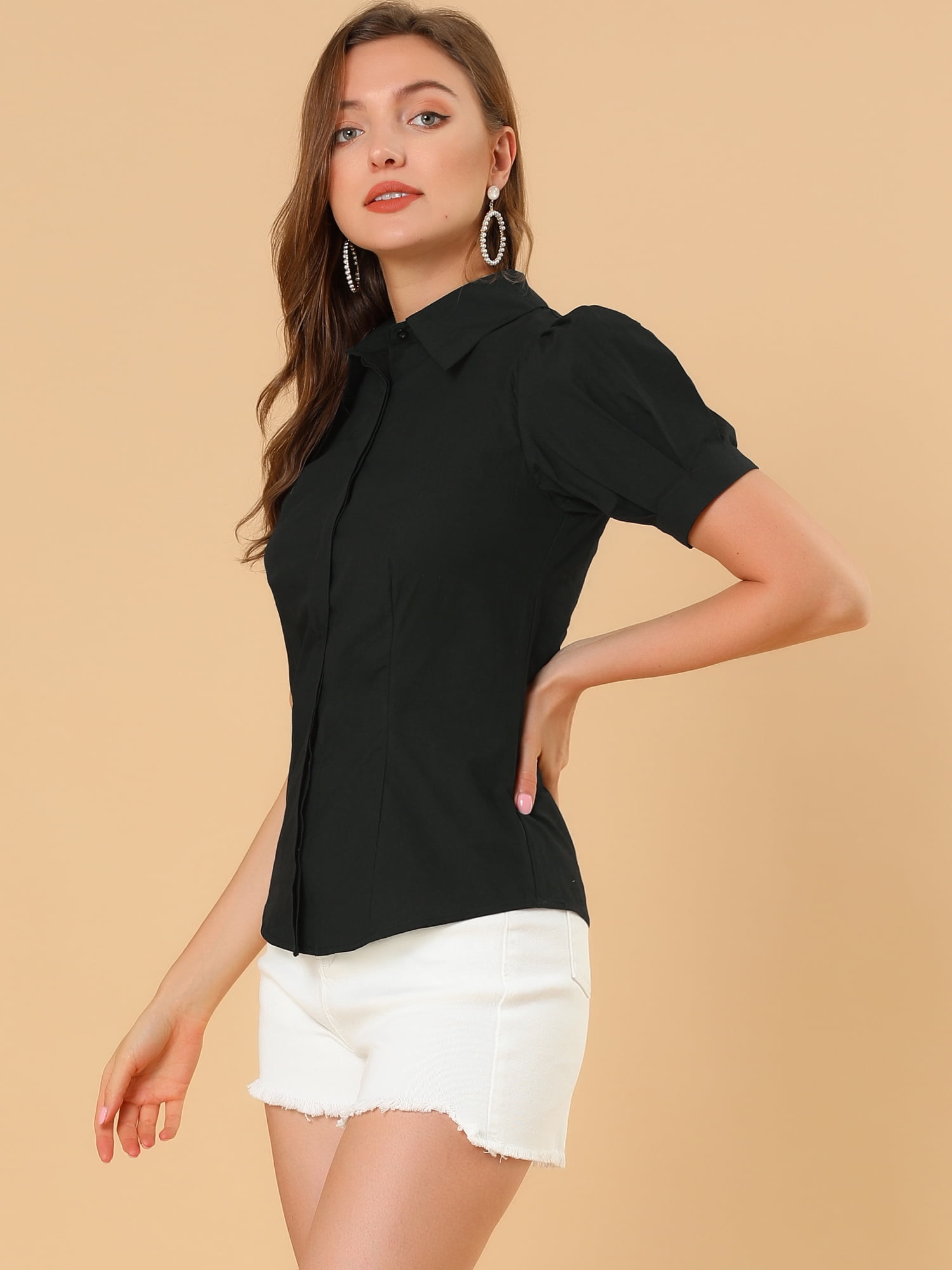 DARING DIVA Women's Puff Sleeve Point Collar Essential Office Shirt M Black